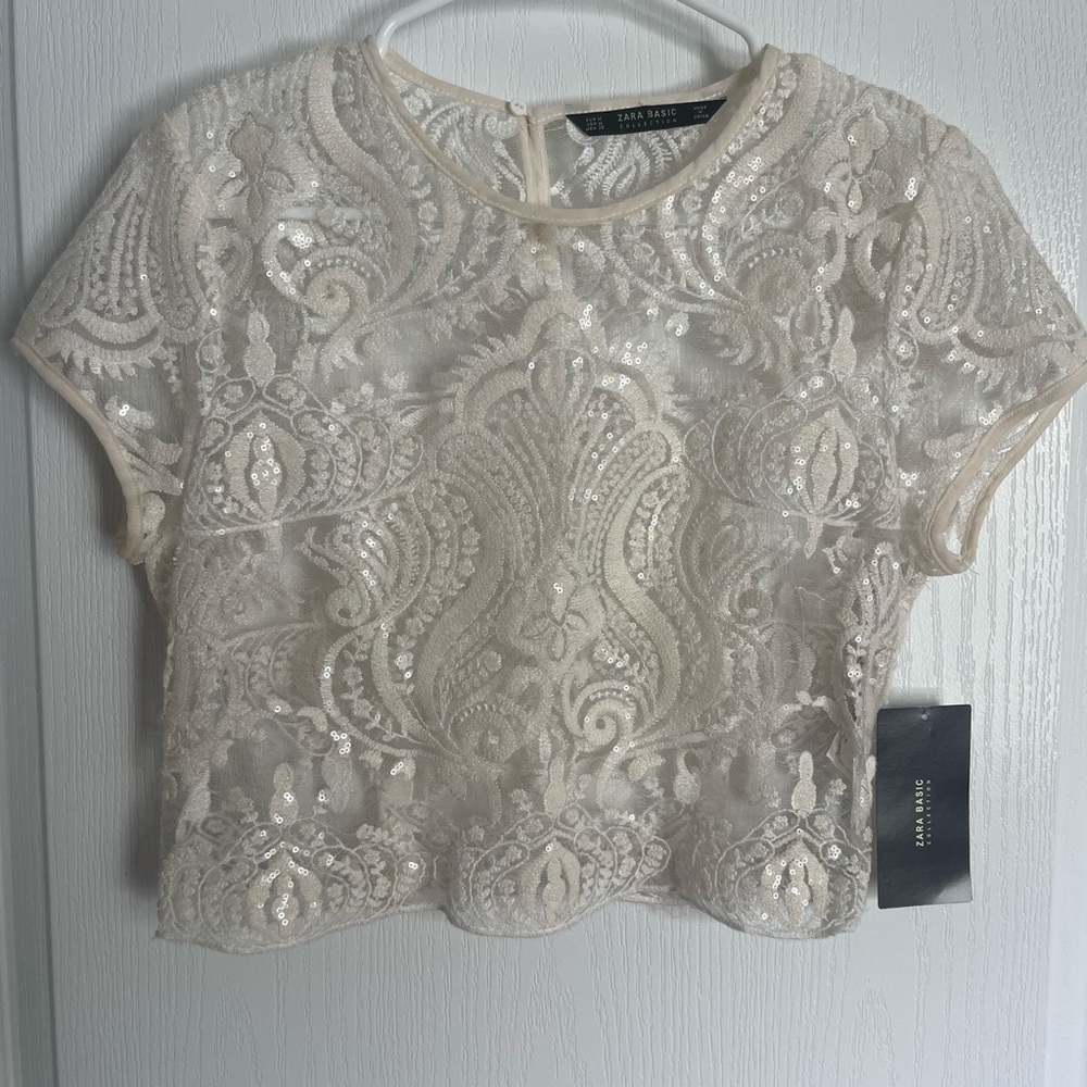 Zara Cream Sequin Lace Blouse